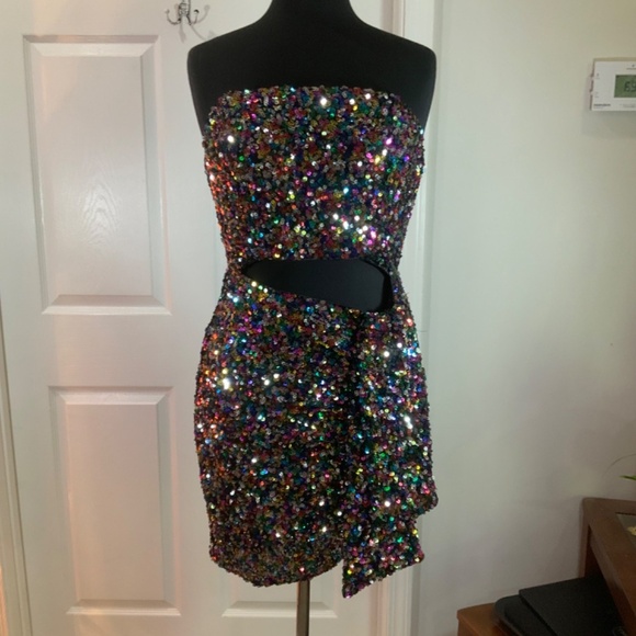 Lulus Sequin Cut Out Multicolor Strapless Party Mini Dress Size Medium - Picture 8 of 9